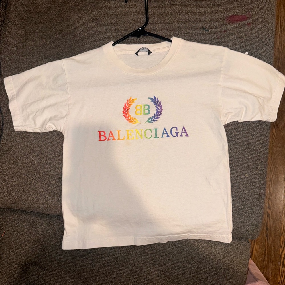 Balenciaga Laurier Rainbow Logo T-Shirt In White Cotton